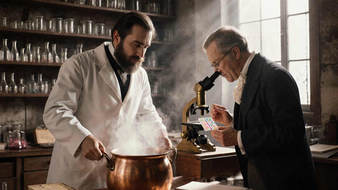 19th‑century lab showing Pasteur and Koch with microscopes and petri dishes.