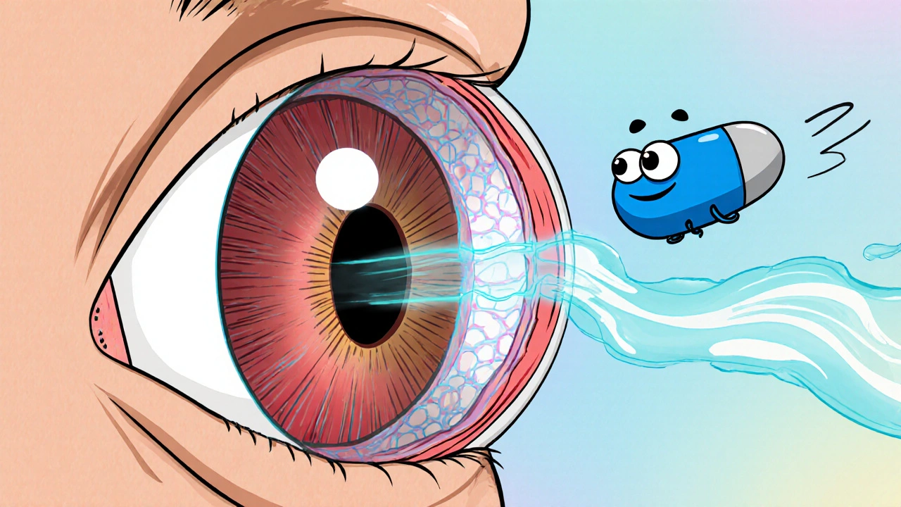 Animated bimatoprost capsule opening eye drainage tunnels in a cross‑section of an eye.