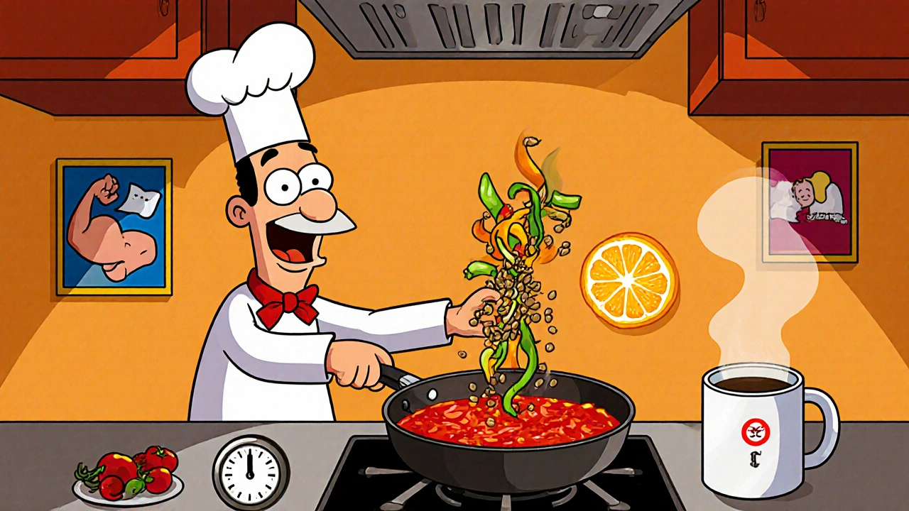 Cartoon chef cooking tomato sauce with lentils and bell peppers in a cast‑iron pan, orange slice nearby.