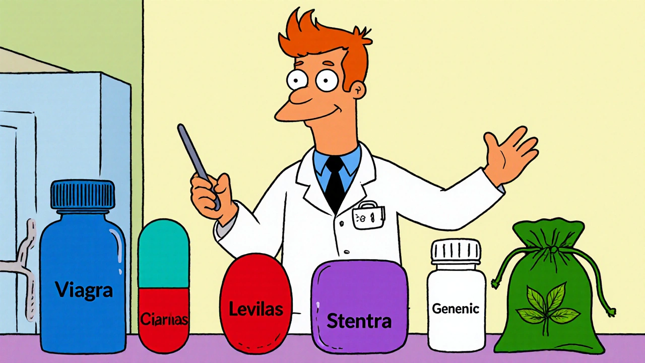 Cartoon lineup of different ED pill bottles with a doctor pointing at them.