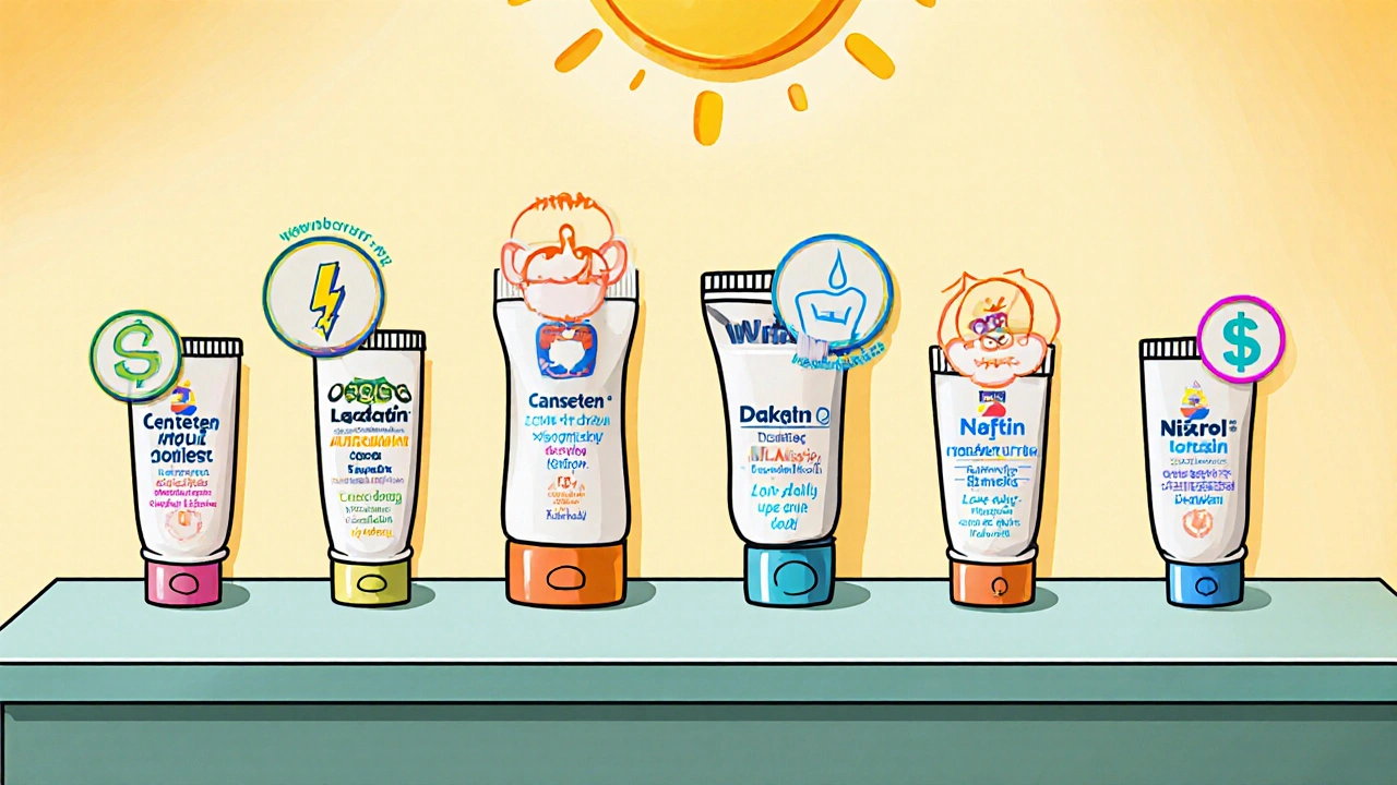 Cartoon lineup of seven antifungal cream tubes with icon symbols.
