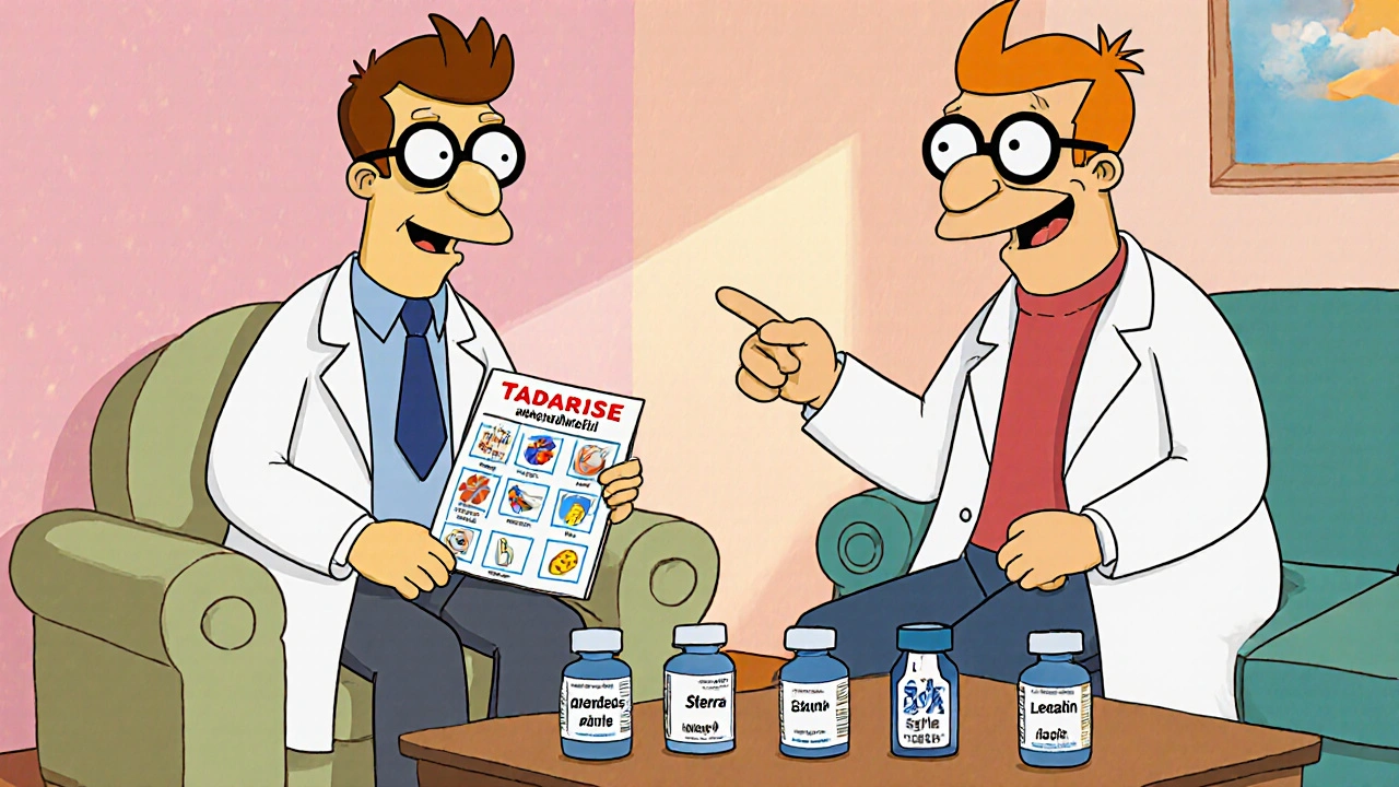 Cartoon man discusses pill options with a doctor in a living room, with side‑effect icons.