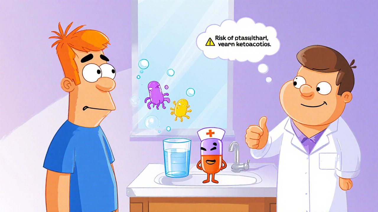 Cartoon patient noticing yeast and infection signs, with pill and doctor advising hydration.