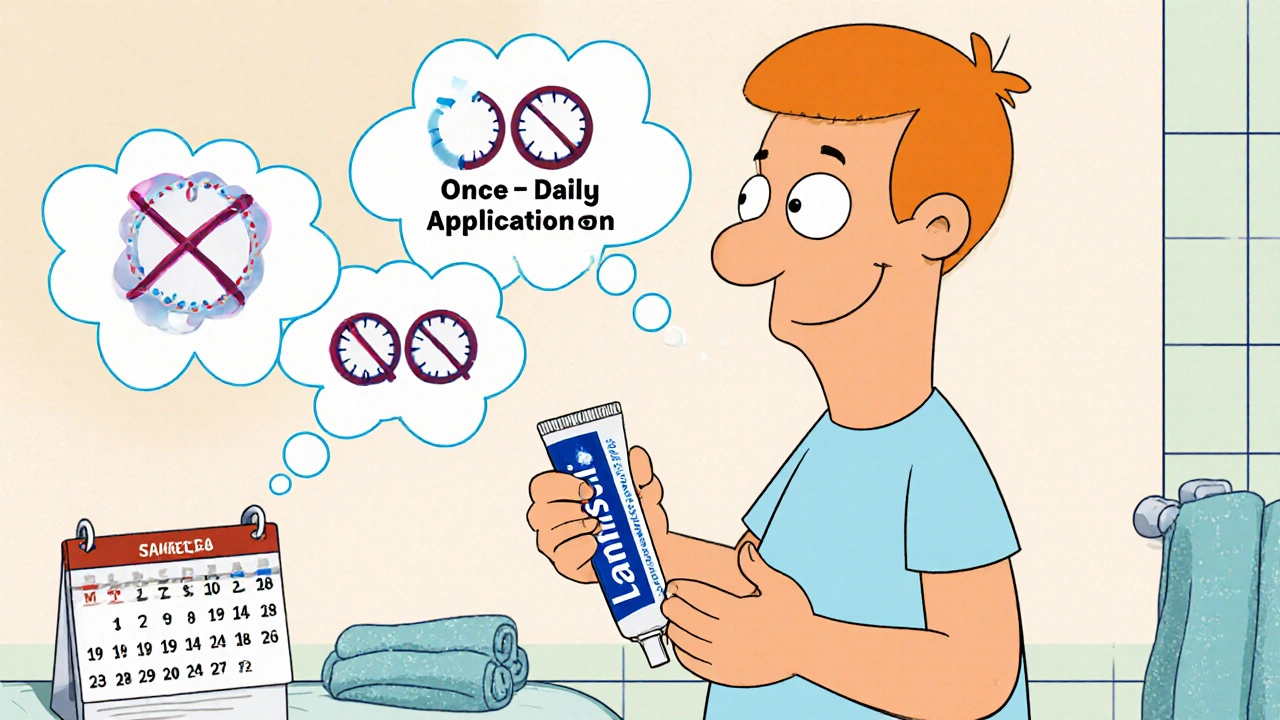 Cartoon person choosing Lamisil cream, thinking of speed and cost.