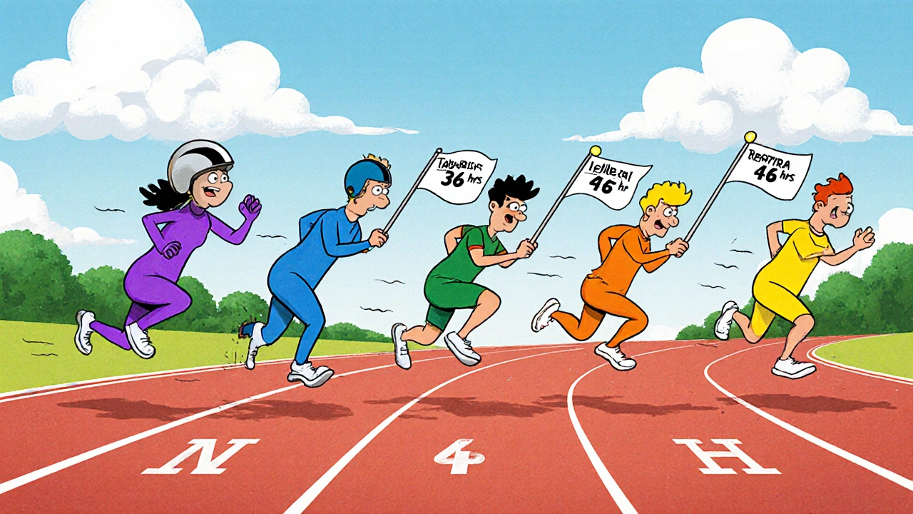 Cartoon pill racers run on a track labeled onset and duration, showing speed differences.