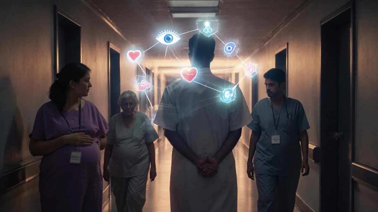 Clinician in hallway with patient silhouettes and floating icons representing drug choices.