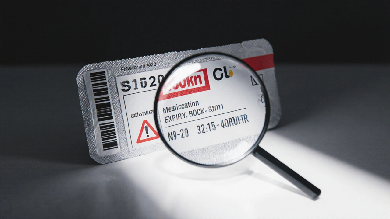 Close-up of a medication package label examined under a magnifying glass for safety.