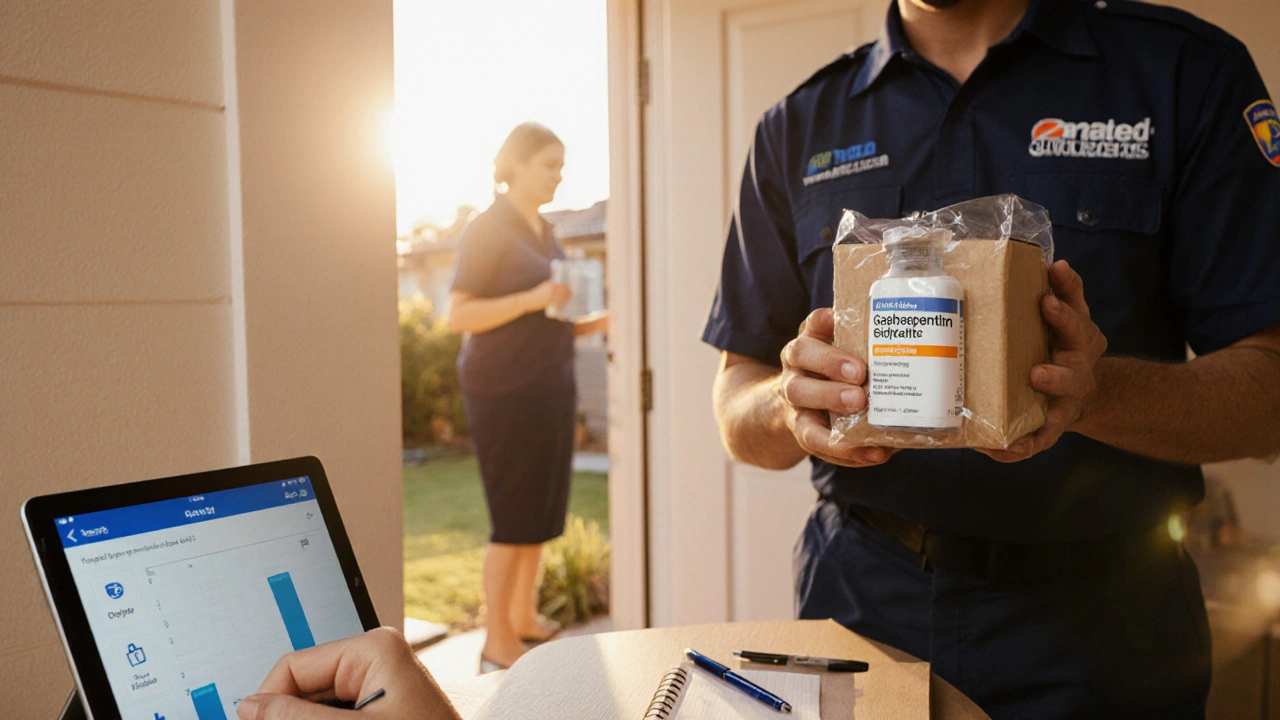 Courier delivering a sealed package of gabapentin to a home, user inspecting the bottle.
