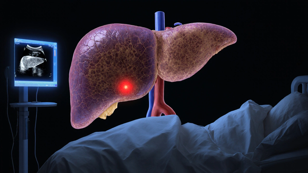 Dark illustration of a nodular cirrhotic liver with a tumor and ascites shown on a hospital bed.