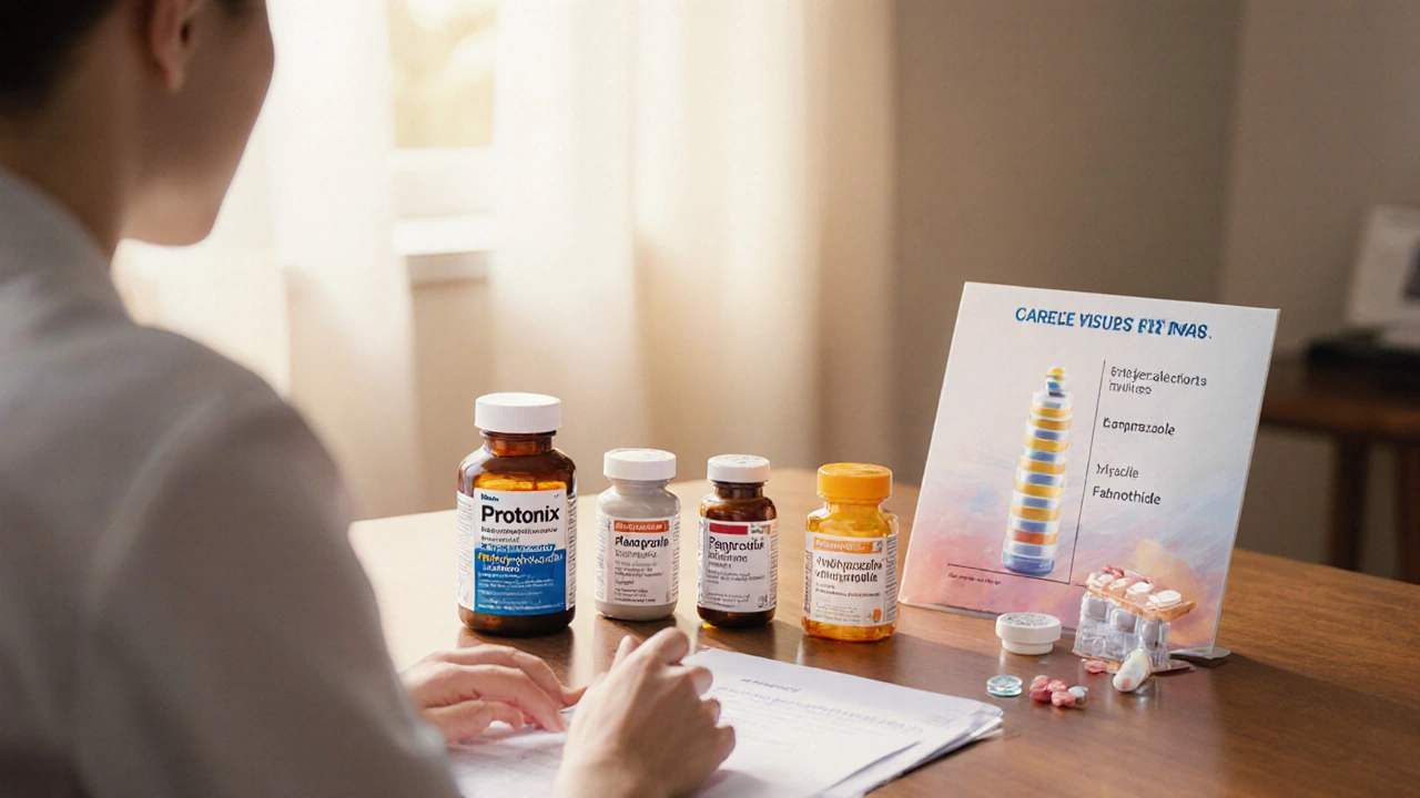 Doctor and patient reviewing multiple pill bottles and a tapering pill stack on a desk.