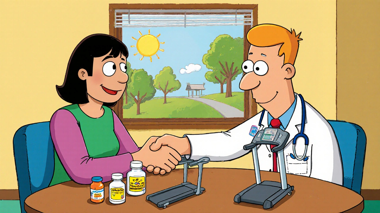 Doctor and patient reviewing treatment options with vitamins and exercise symbols.