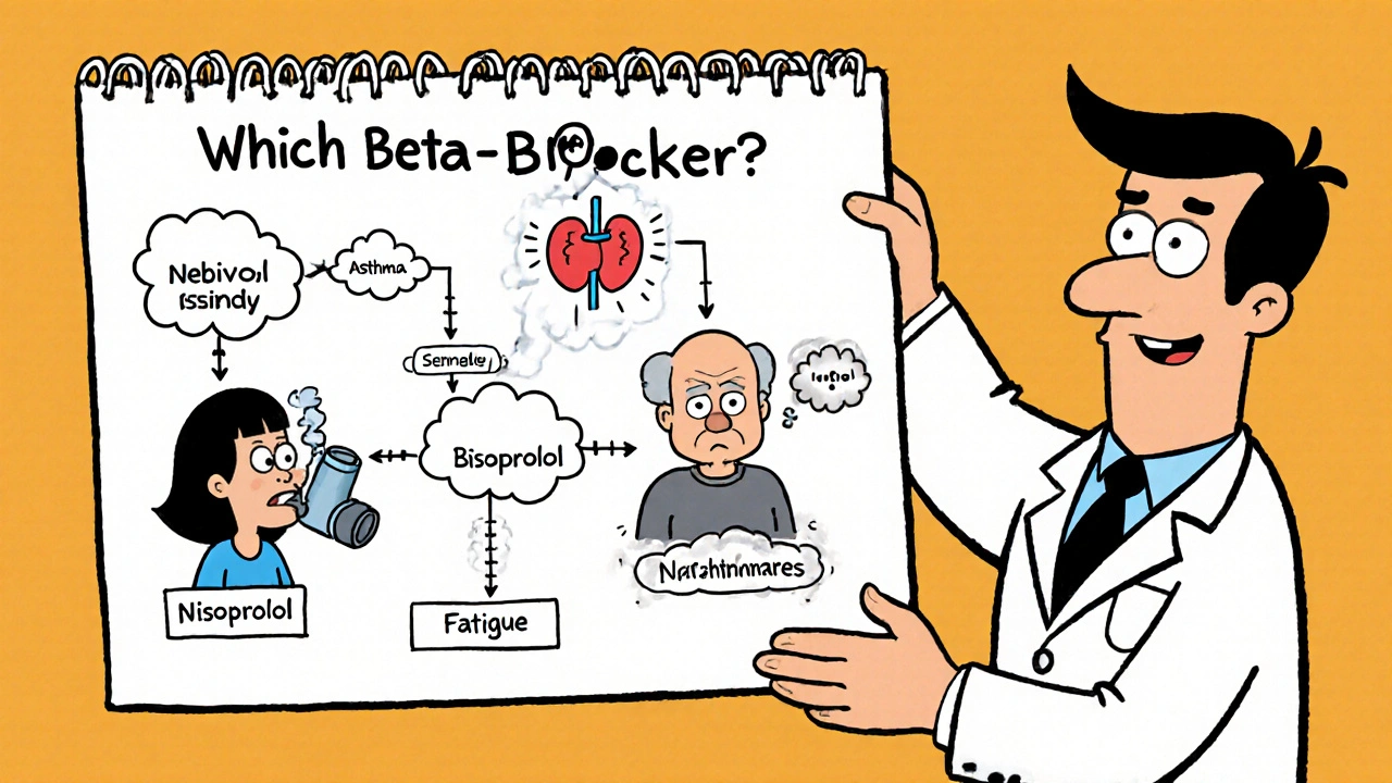 Doctor holding a flowchart guiding patients to different beta-blockers based on asthma, age, and side effects.