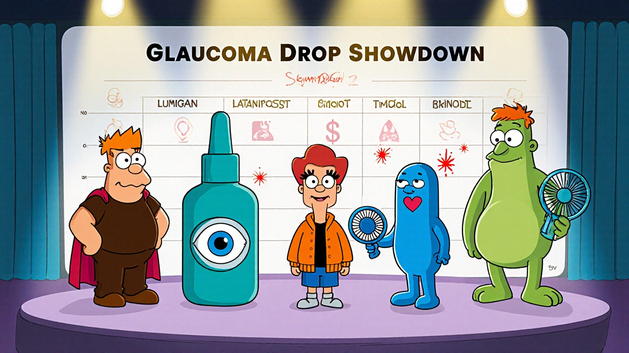 Five cartoon eye‑drop characters on a stage showing their distinct colors and traits.