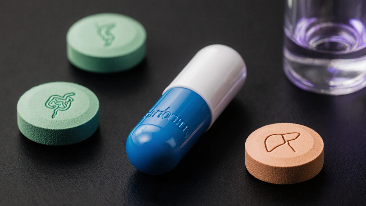 Four medication items (Sirolimus, MMF, Azathioprine, Belatacept) displayed with subtle color accents.