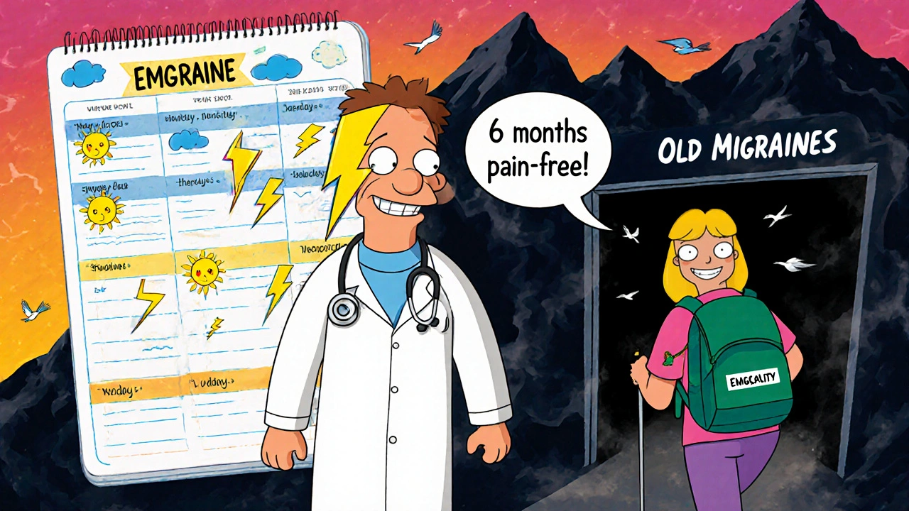 Happy patient hiking away from dark migraine room, guided by a neurologist with a lightning bolt stethoscope.