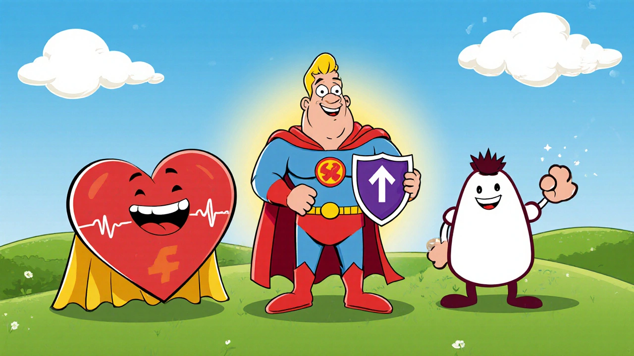 Heart, kidney, and scale cartoon superheroes highlighting dapagliflozin benefits.
