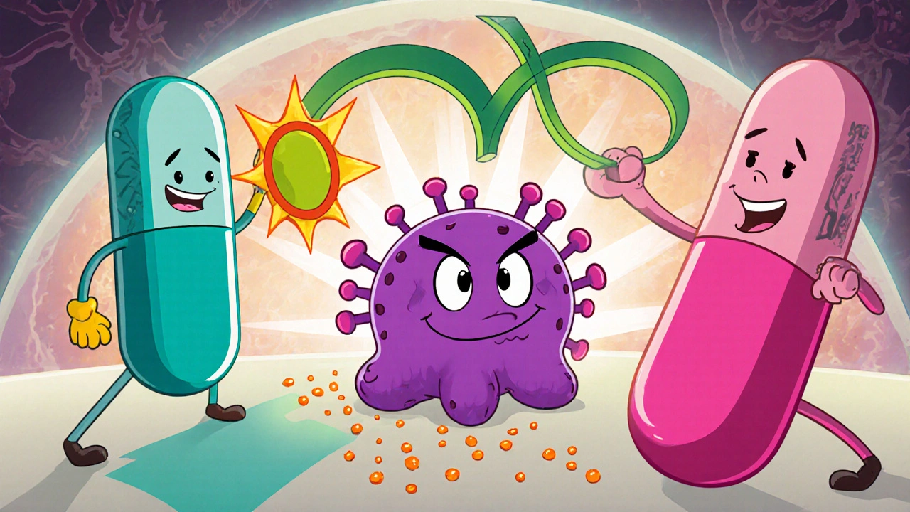 Heroic Velpatasvir and Sofosbuvir pills block a mischievous hepatitis C virus inside a cell.
