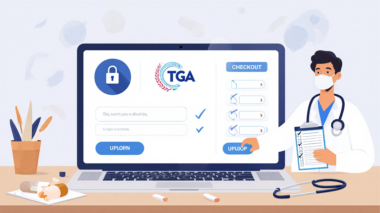 Illustration of a laptop showing a secure pharmacy site with TGA seal and prescription upload.