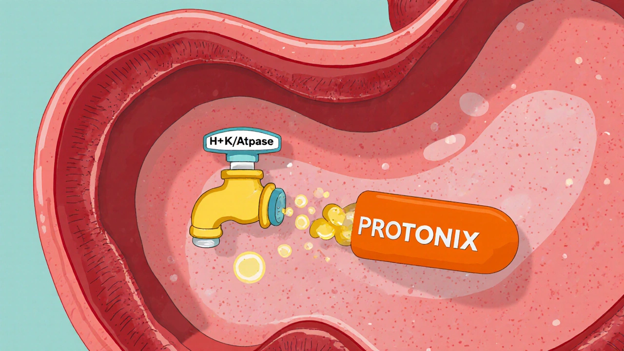 Illustration of a proton pump faucet being blocked by a Protonix capsule, stopping acid.