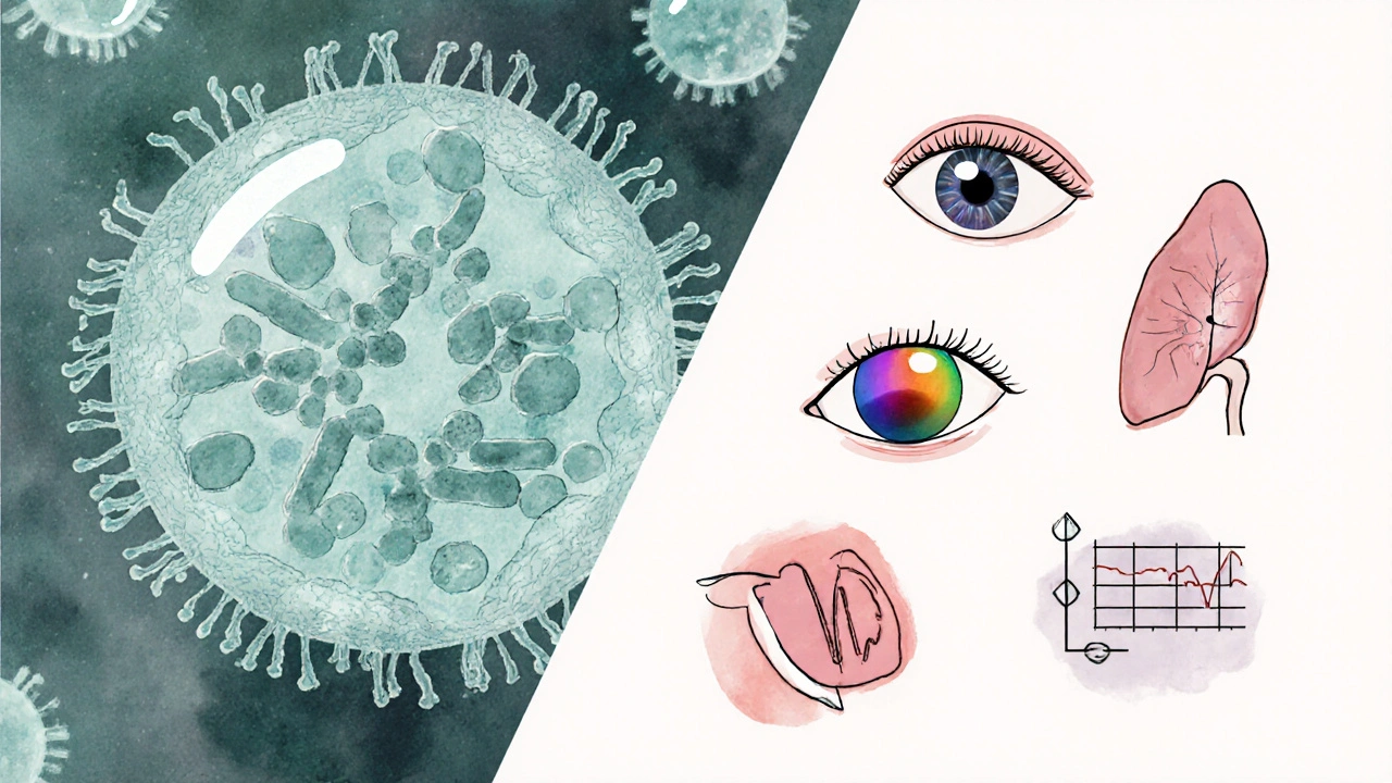 Illustration of TB bacteria with drug action and icons for eye, liver, heart, and joint side effects.