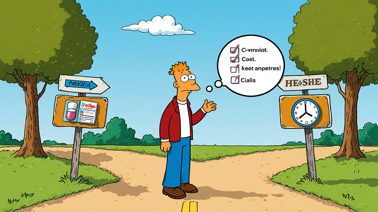 Man at a crossroads choosing between bundled pack, generic pill, and long‑acting option.