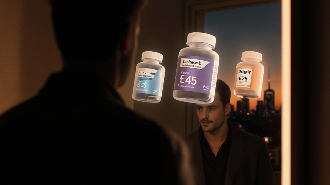 Man in a bedroom mirror contemplating three glowing pill bottles with price tags.