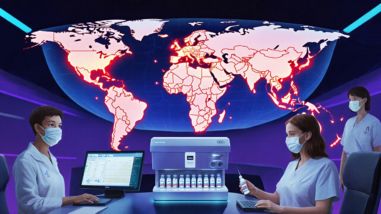 Modern health hub with digital COVID‑19 map, masks, and mRNA vaccine vials.