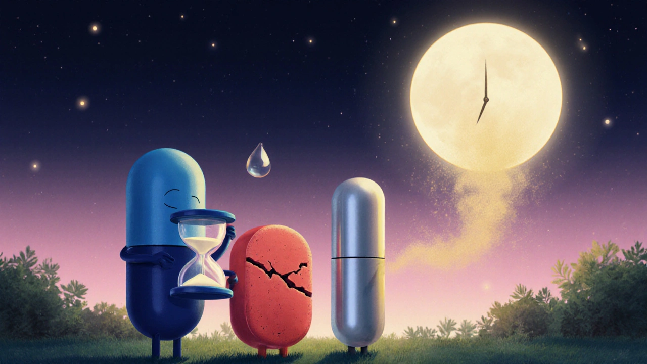 Moonlit garden with pill characters illustrating onset speed and duration.