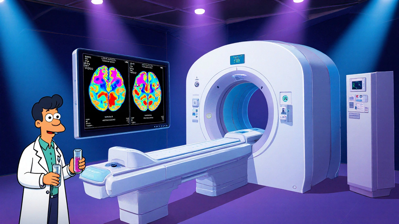 MRI console displaying highlighted brain lesions with a lab technician nearby.