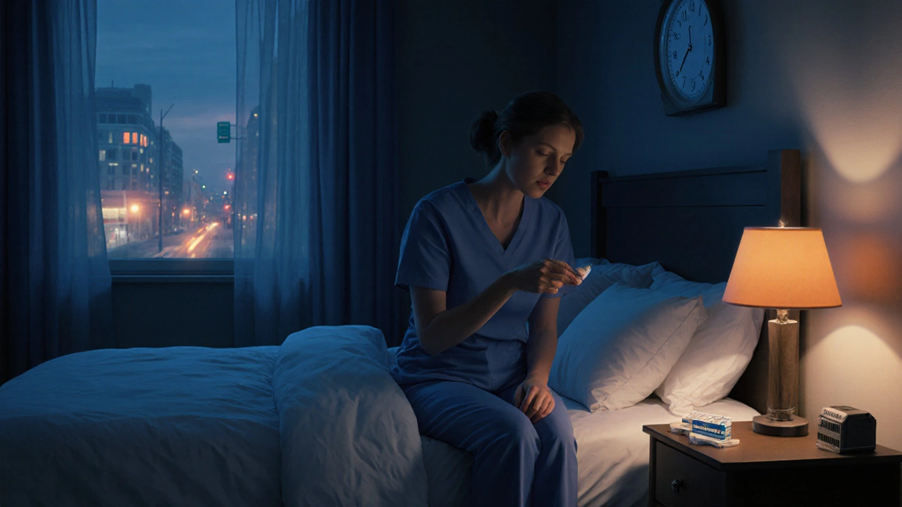 Night‑shift nurse holding a doxylamine tablet before bedtime in a dim bedroom.
