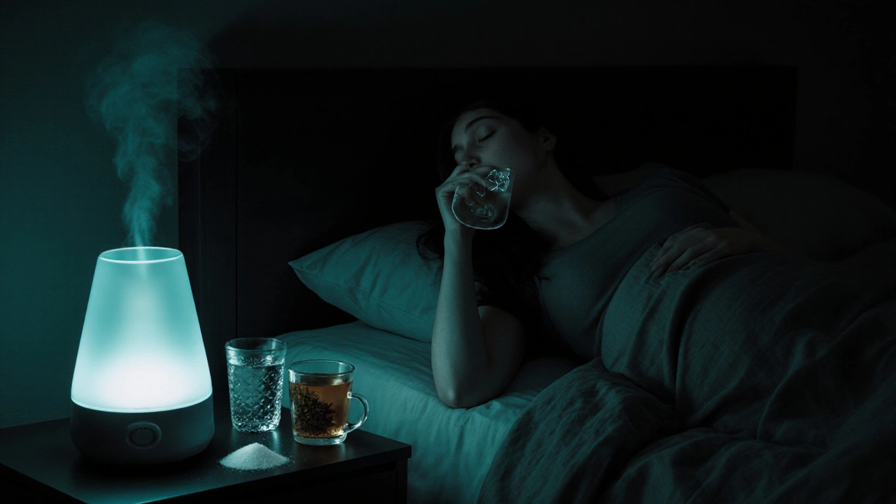 Nighttime bedroom with humidifier, tea, water, and pregnant woman gargling warm salt water.