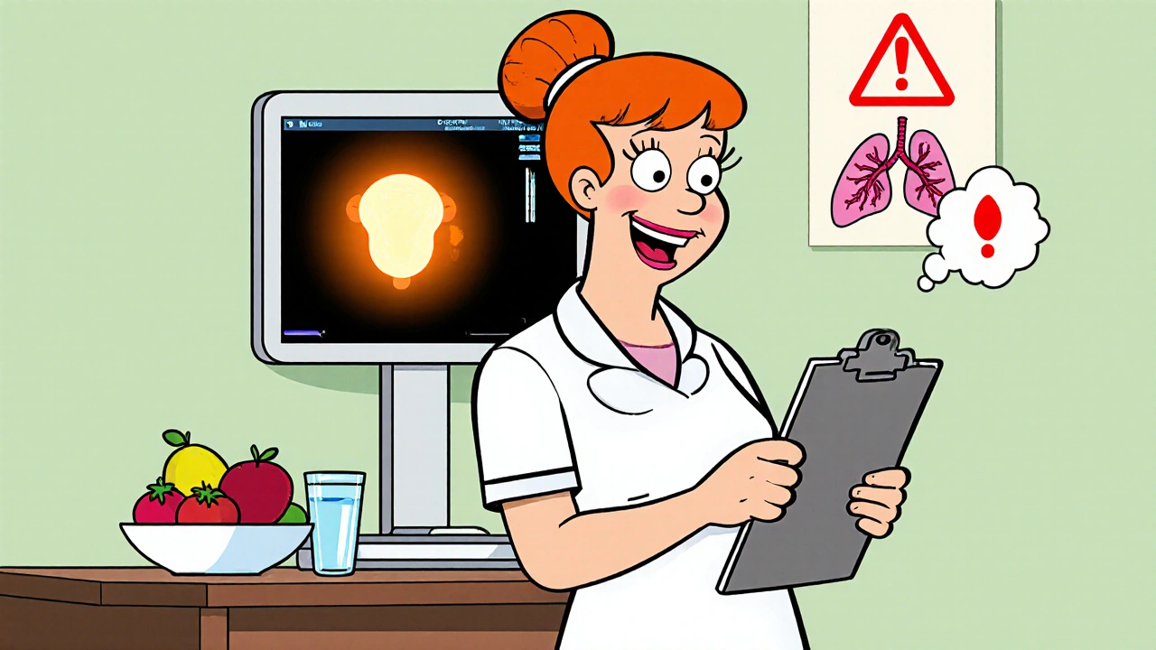 Nurse monitors ovary with ultrasound, showing hydration and risk warnings.