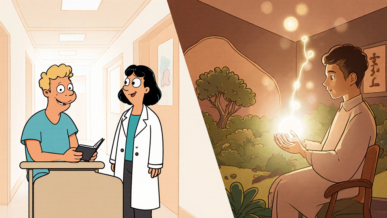 Patient discussing treatment with oncologist while also receiving distant Reiki via glowing beam.