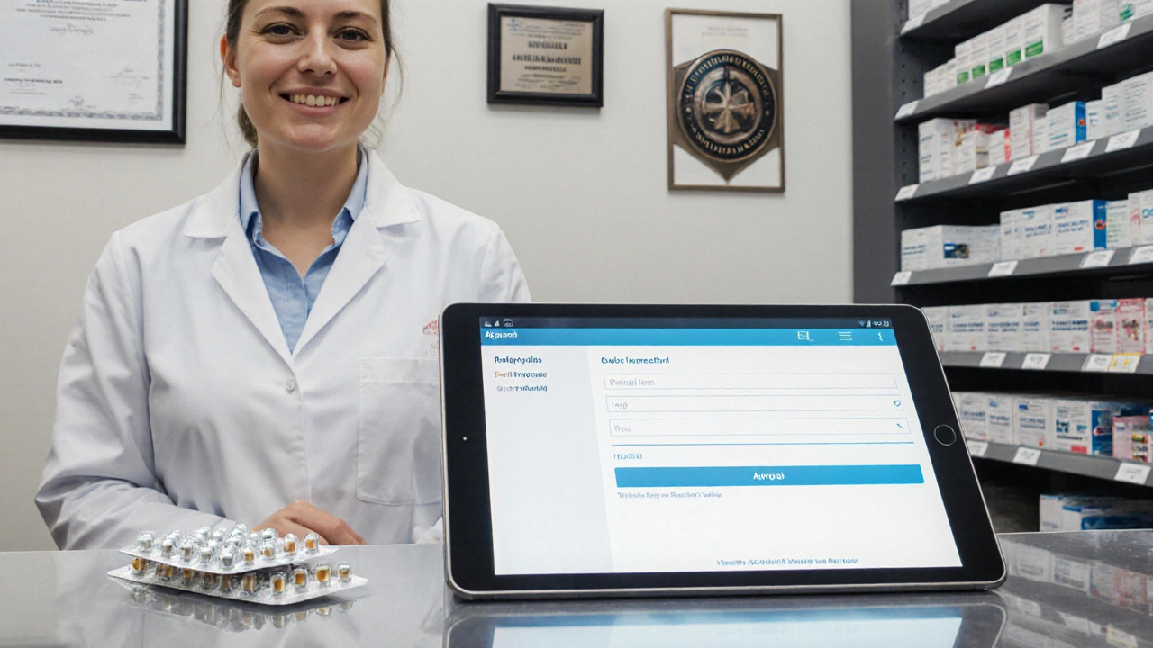 Pharmacist in a pharmacy with ABN and TGA certificates beside a prescription tablet.