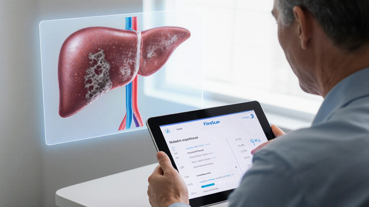 Photo of a patient and doctor reviewing a FibroScan reading showing moderate liver fibrosis.