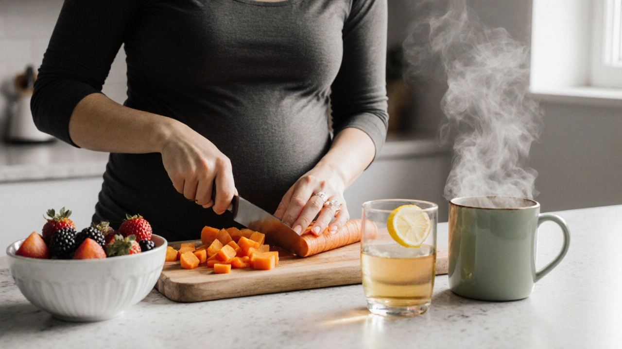 Pregnant woman in kitchen preparing sweet potatoes, carrots, berries, and honey‑lemon water with tea steam.