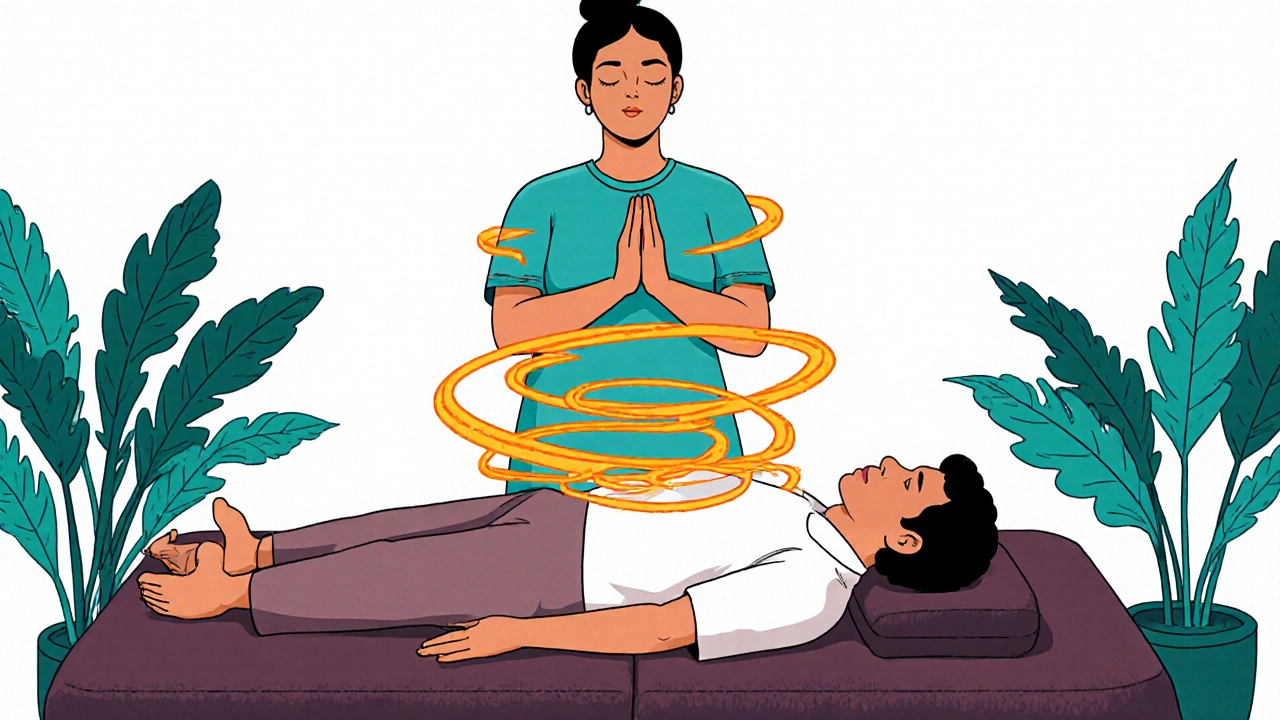 Reiki practitioner hovering hands over patient, golden‑teal light ribbons flowing into body.