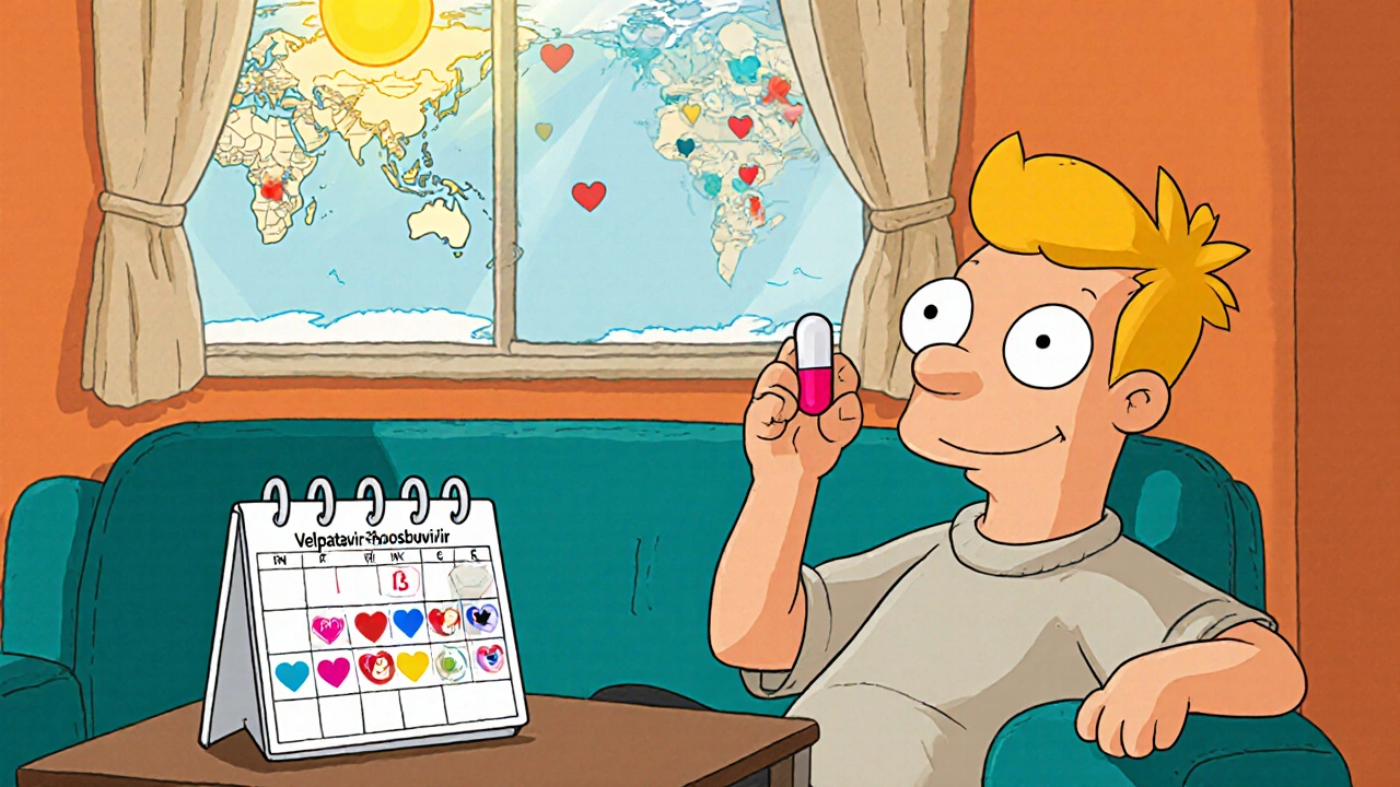 Relaxed teen takes Velpatasvir‑Sofosbuvir pill at home, with calendar and world map showing cure hope.