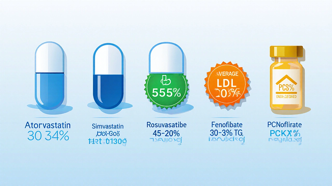 Row of drug icons showing various cholesterol medicines and their LDL reduction rates.