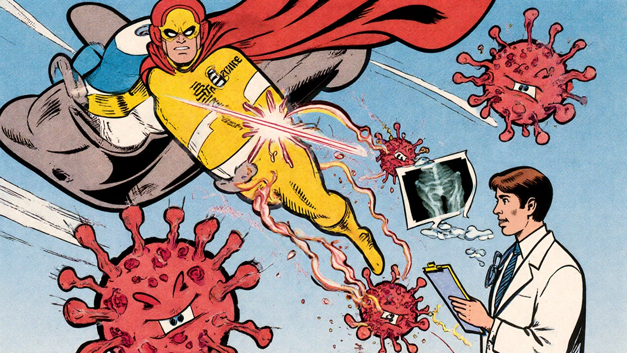 Sulfasalazine pill fighting immune cells inside a joint in cartoon style