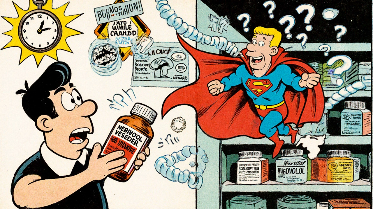 Superhero nebivolol rescuing a patient from propranolol, with carvedilol and bisoprolol watching from a shelf.