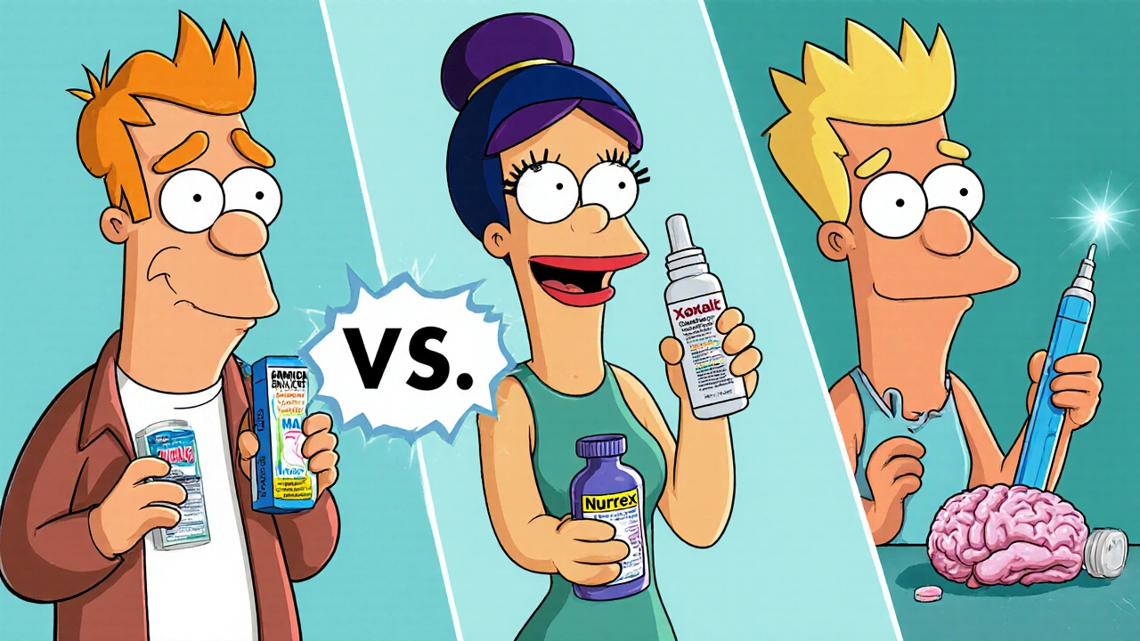 Three cartoon characters holding different migraine meds: Maxalt, Zomig, and Nurtec, with unique reactions.