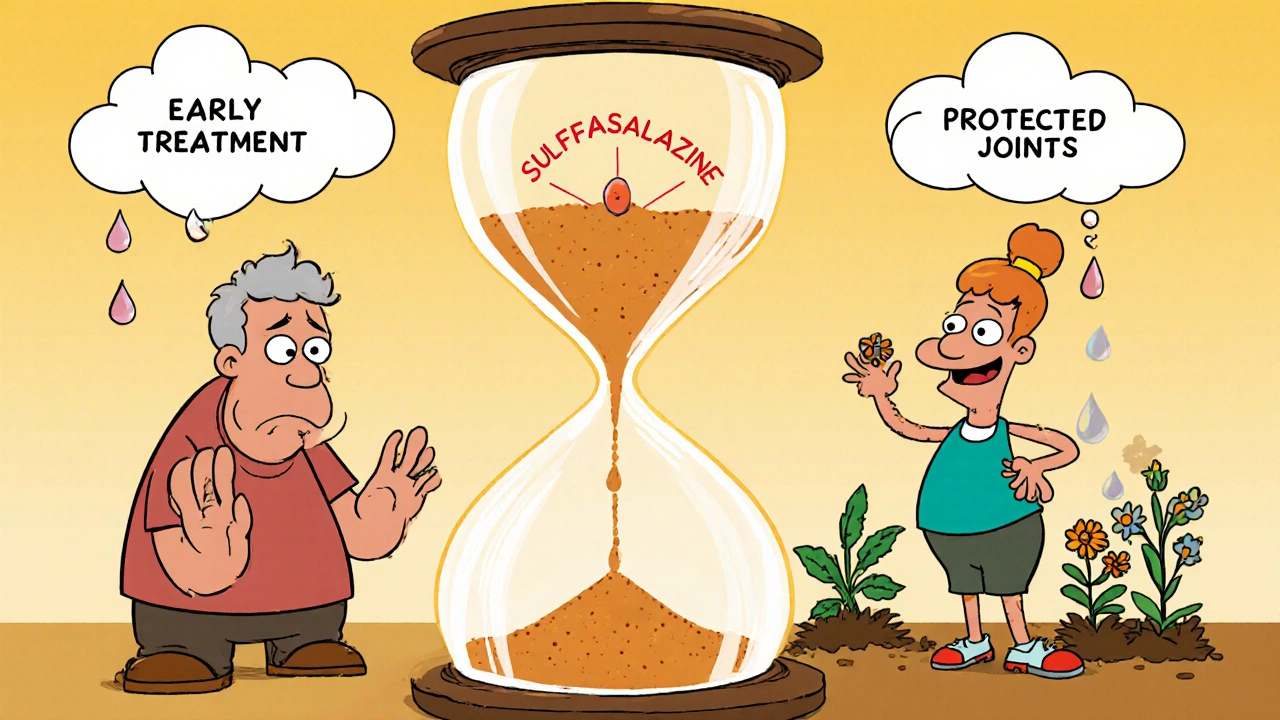 Two patients comparing joint health with sulfasalazine pills as sand in an hourglass