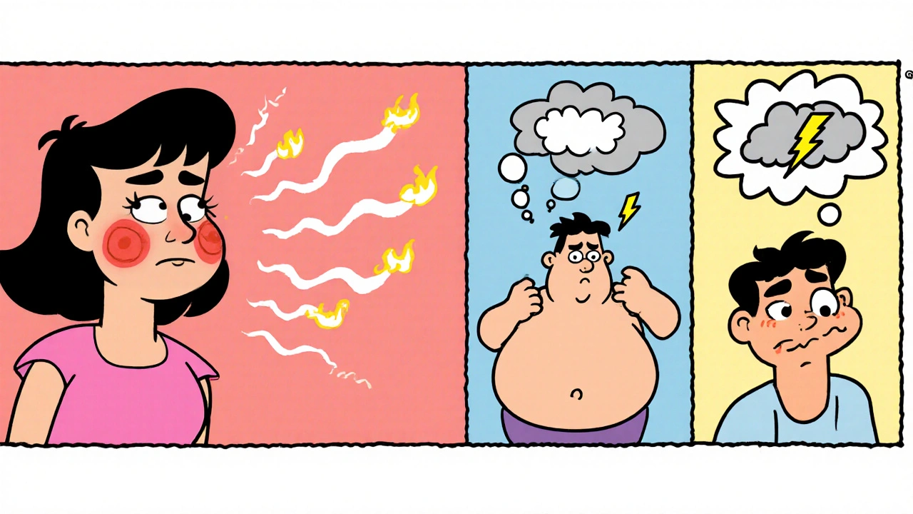 Woman shows hot flashes, mood swings, bloating, and headache in split panels.