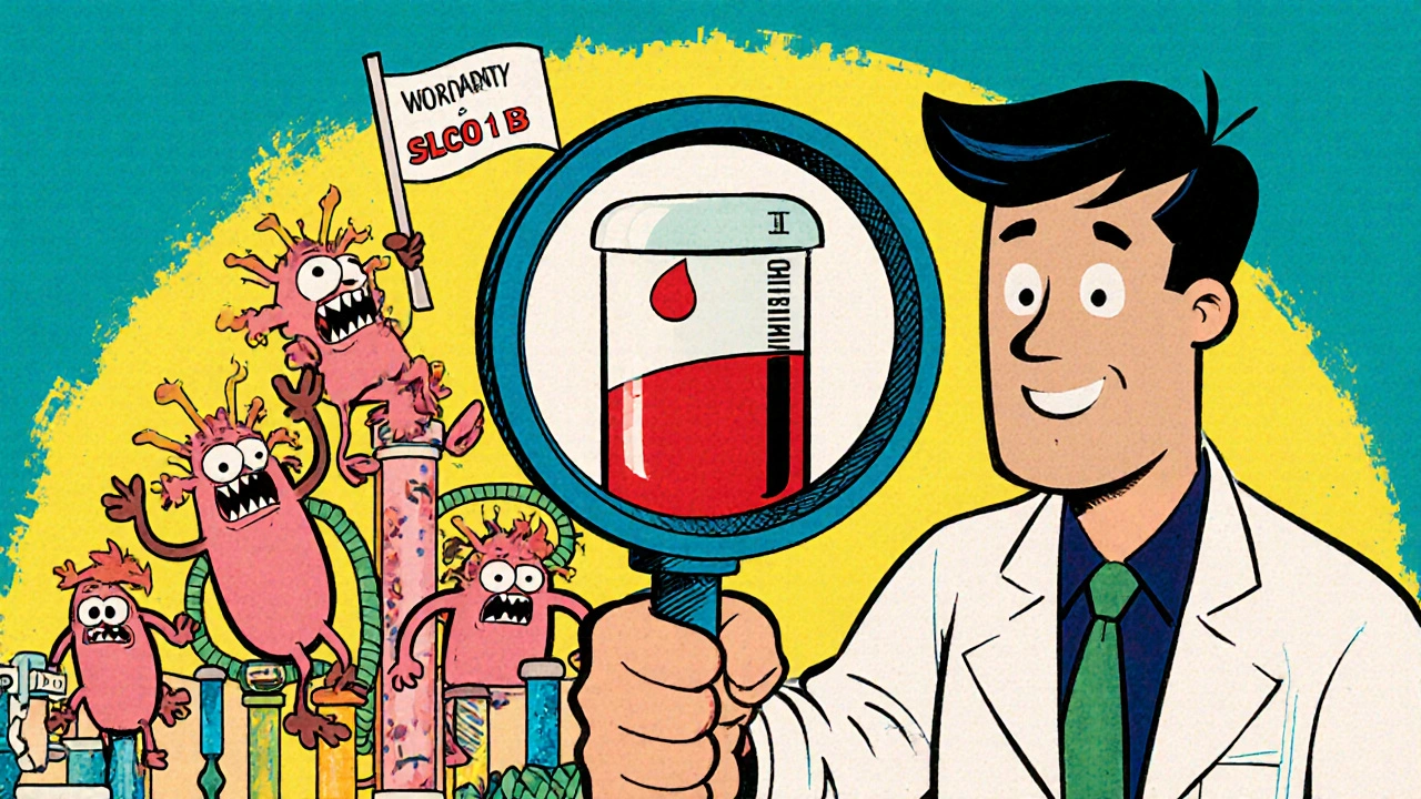 A doctor examines blood with a magnifying glass as myoglobin monsters attack a kidney city, guided by a warning gene.