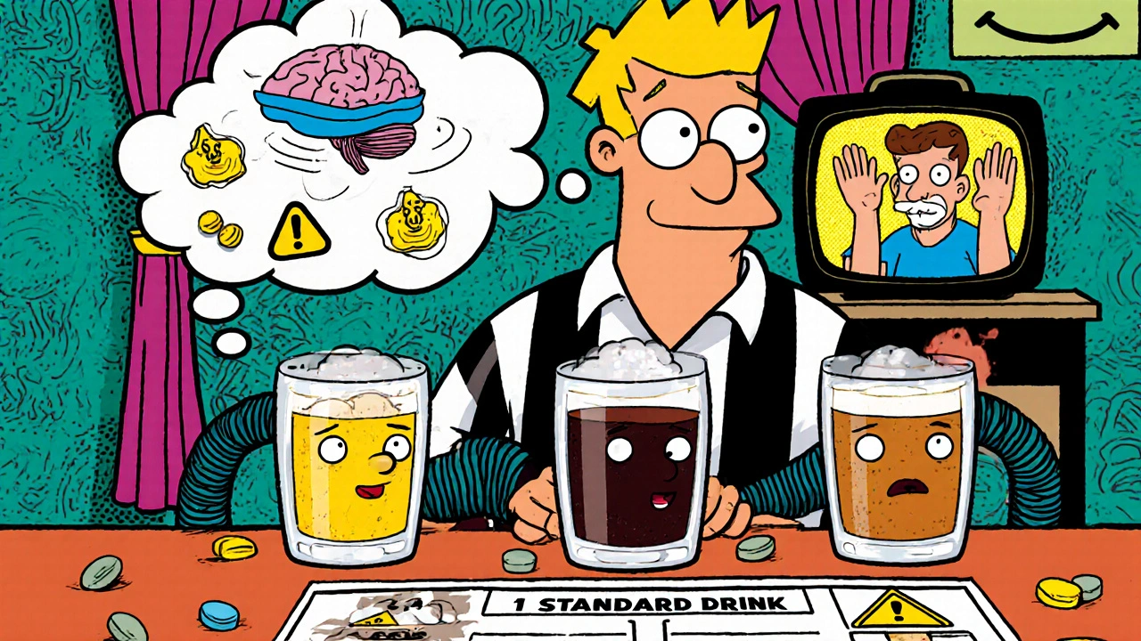 A man at dinner with three whispering drink glasses, his brain slowing down like a sinking boat.