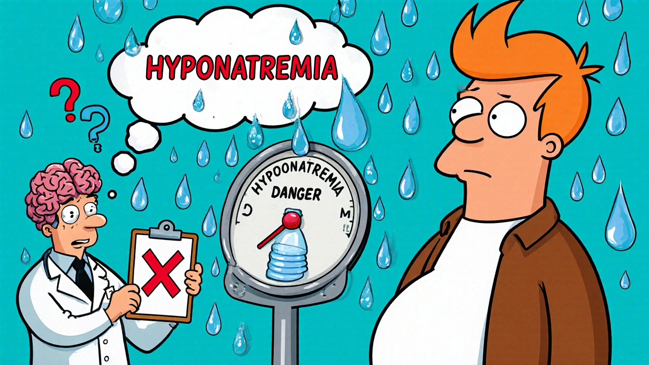 A man with a giant head stands beside a scale showing rapid weight gain as water rains down.