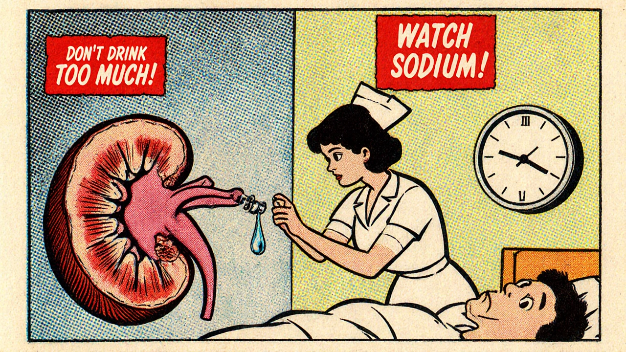 A nurse giving an injection in a hospital as a comical kidney reacts and warning signs float nearby.