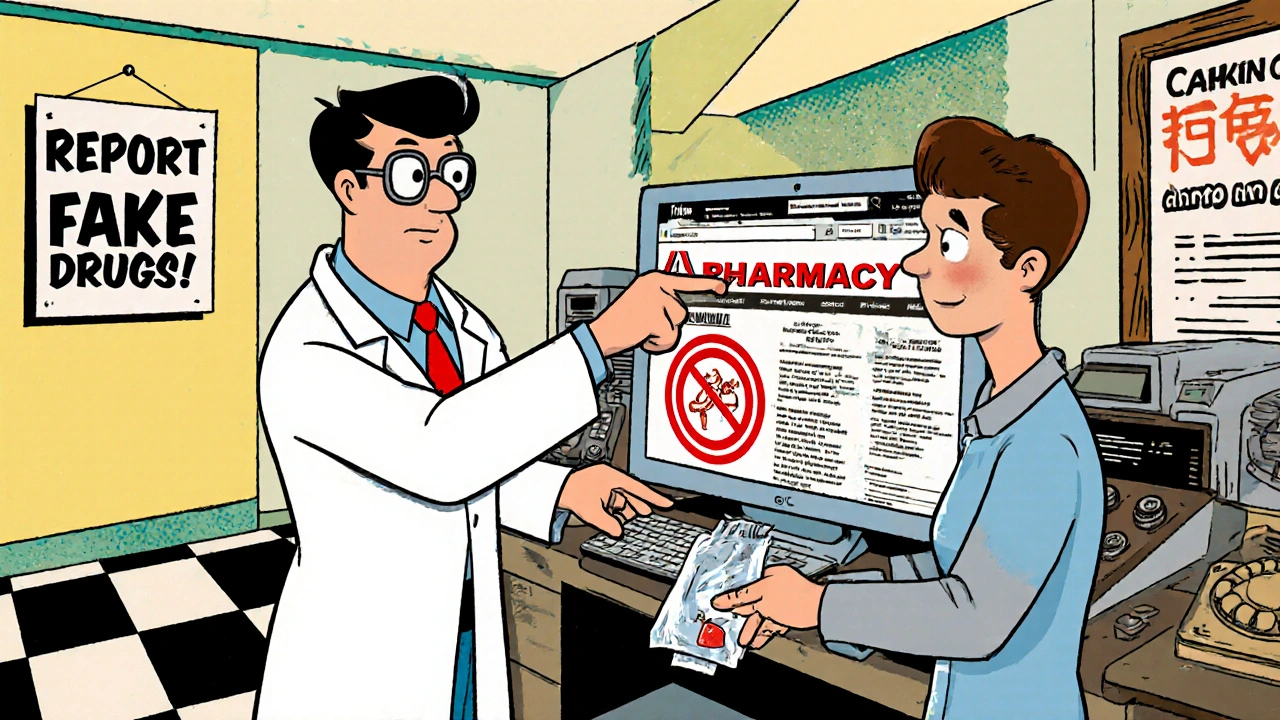 A pharmacist and patient report fake medication online, with warning signs on a computer screen.