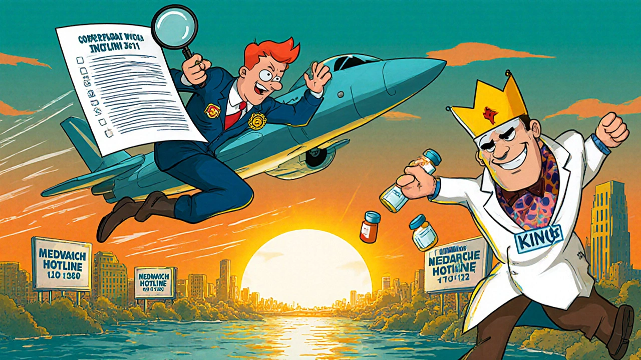 An FDA agent chases a villain dumping fake insulin, with MedWatch hotline visible in background.